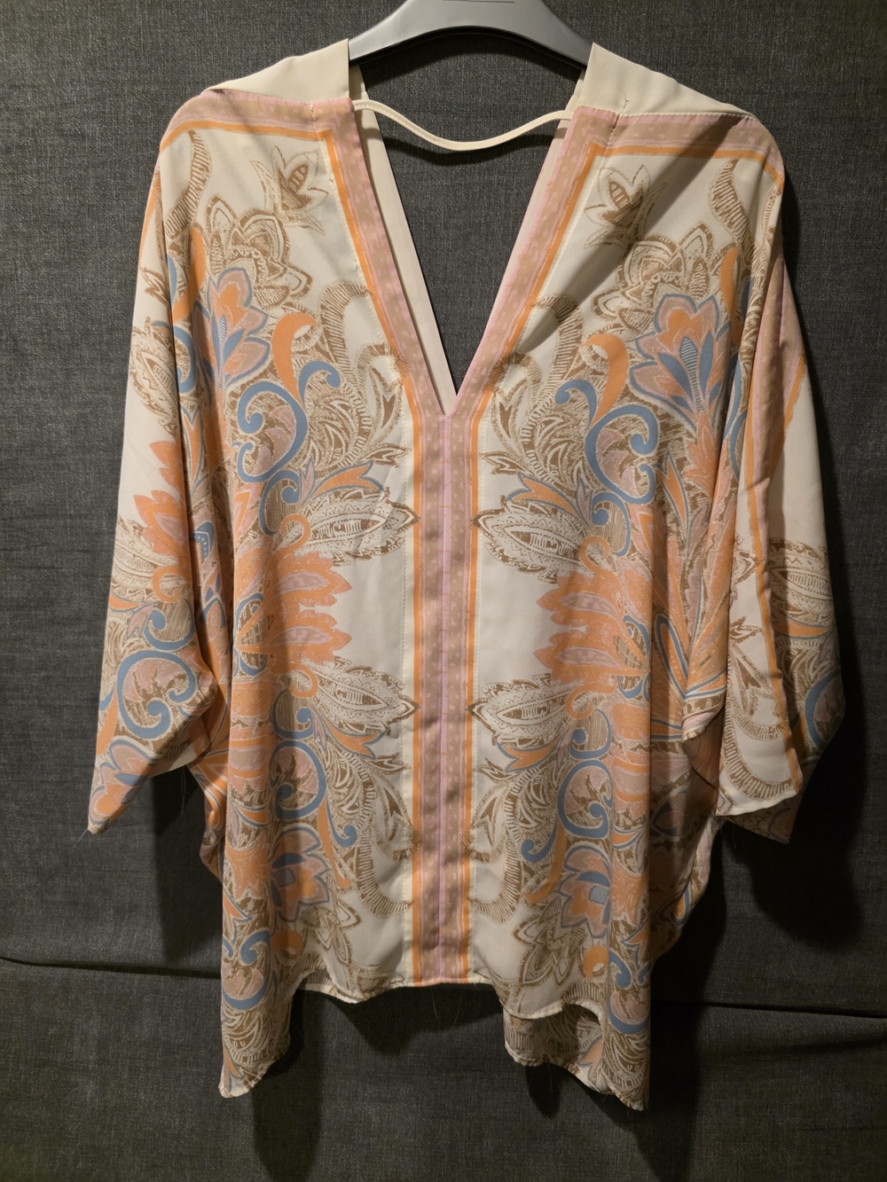 Rose & Olive V-neck Lightweight Floral Paisley Kimono Peach/blue/tan Large PTP28